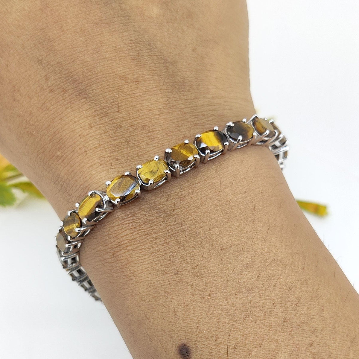 Tiger's Eye Tennis Bracelet: Oval Gemstone, 925 Sterling Silver, November Birthstone