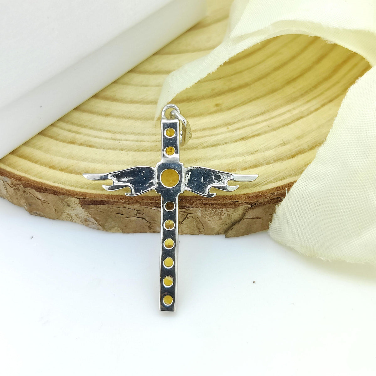 Citrine Cross Pendant: Round Gemstone, Sterling Silver November Birthstone