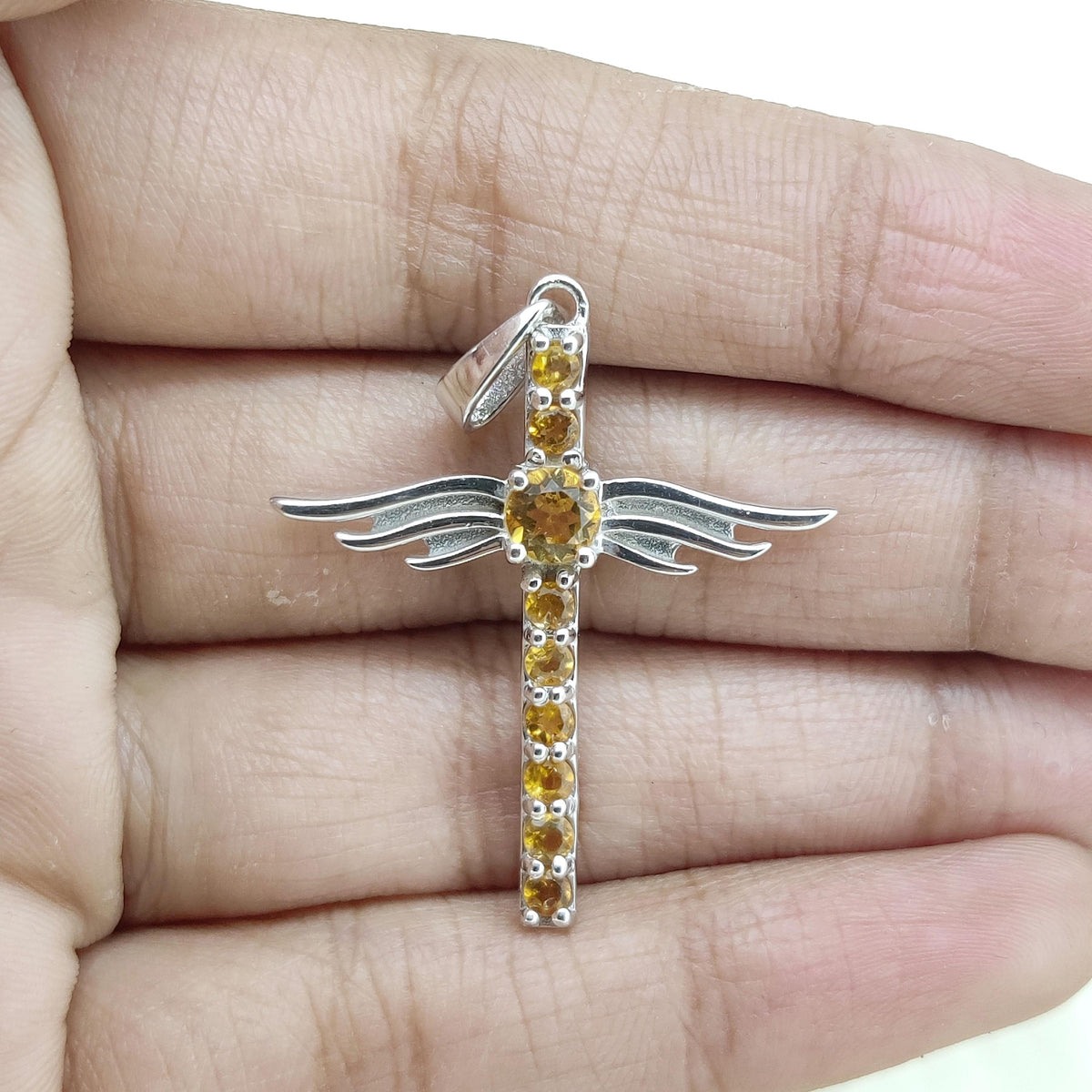 Citrine Cross Pendant: Round Gemstone, Sterling Silver November Birthstone