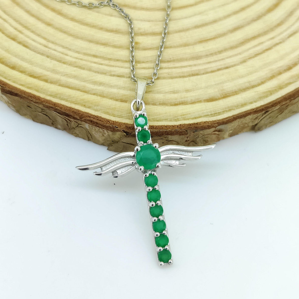 Green Onyx Cross Pendant: Sterling Silver Feather Jewelry, May Birthstone
