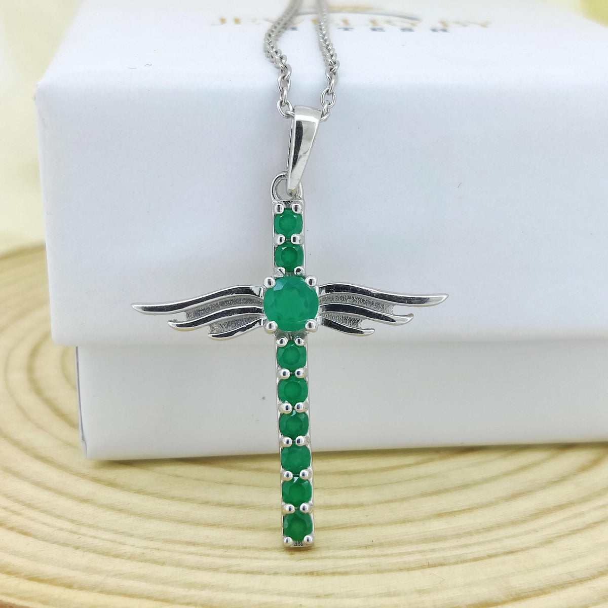 Green Onyx Cross Pendant: Sterling Silver Feather Jewelry, May Birthstone