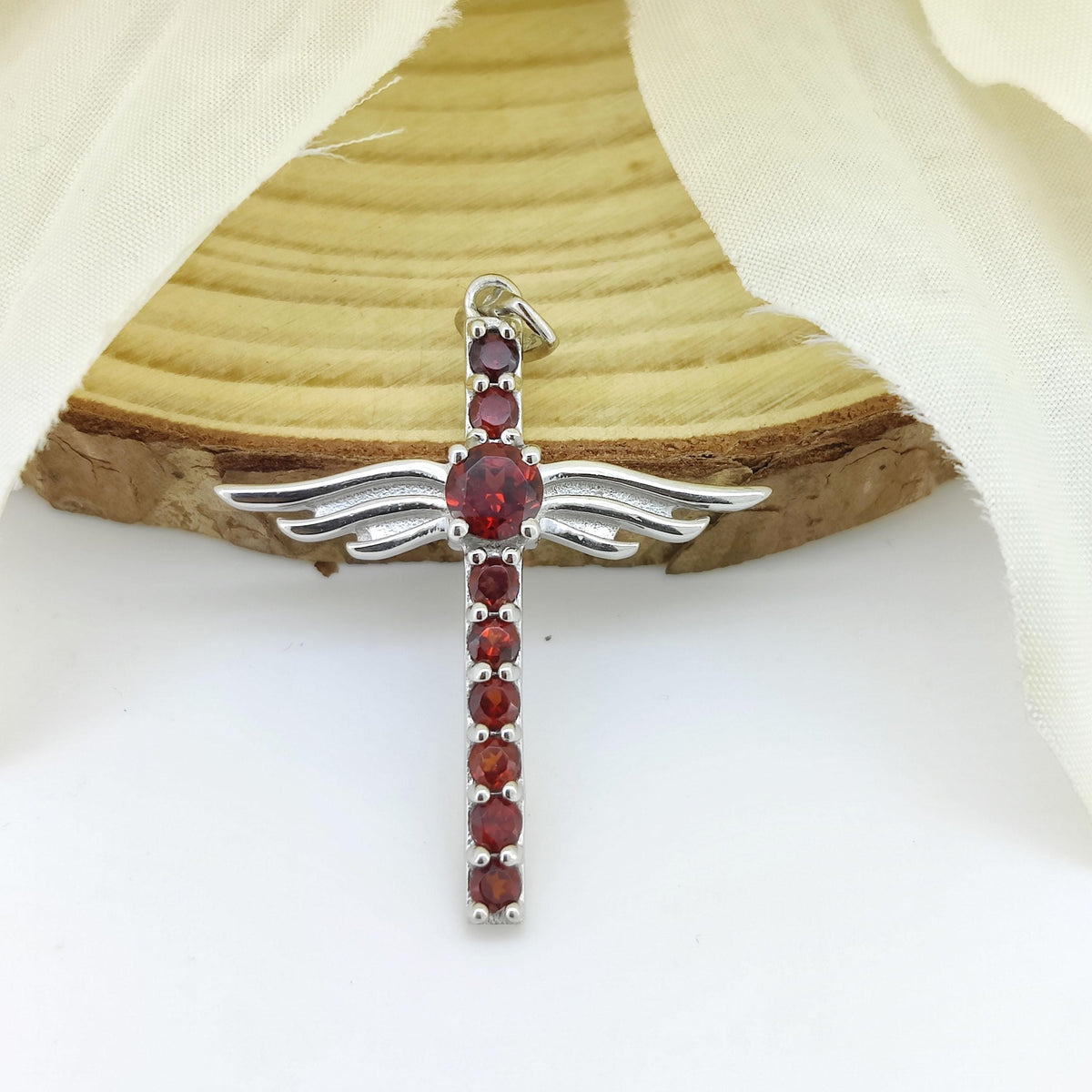 Sterling Silver Garnet Cross Pendant, January Birthstone Necklace