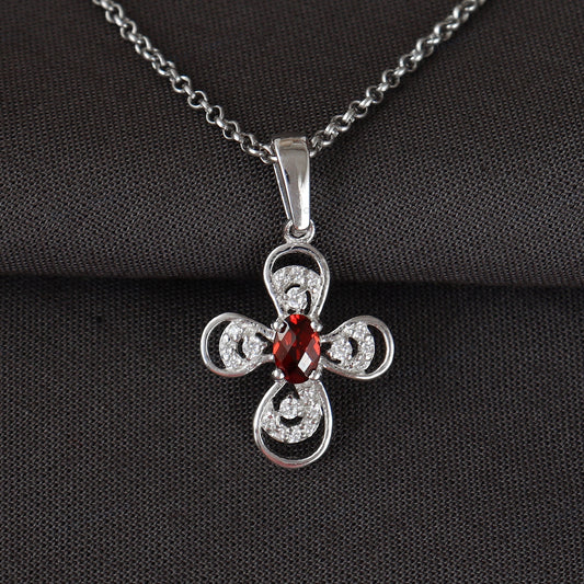 Red Garnet Sterling Silver Pendant: Floral Gemstone Jewelry