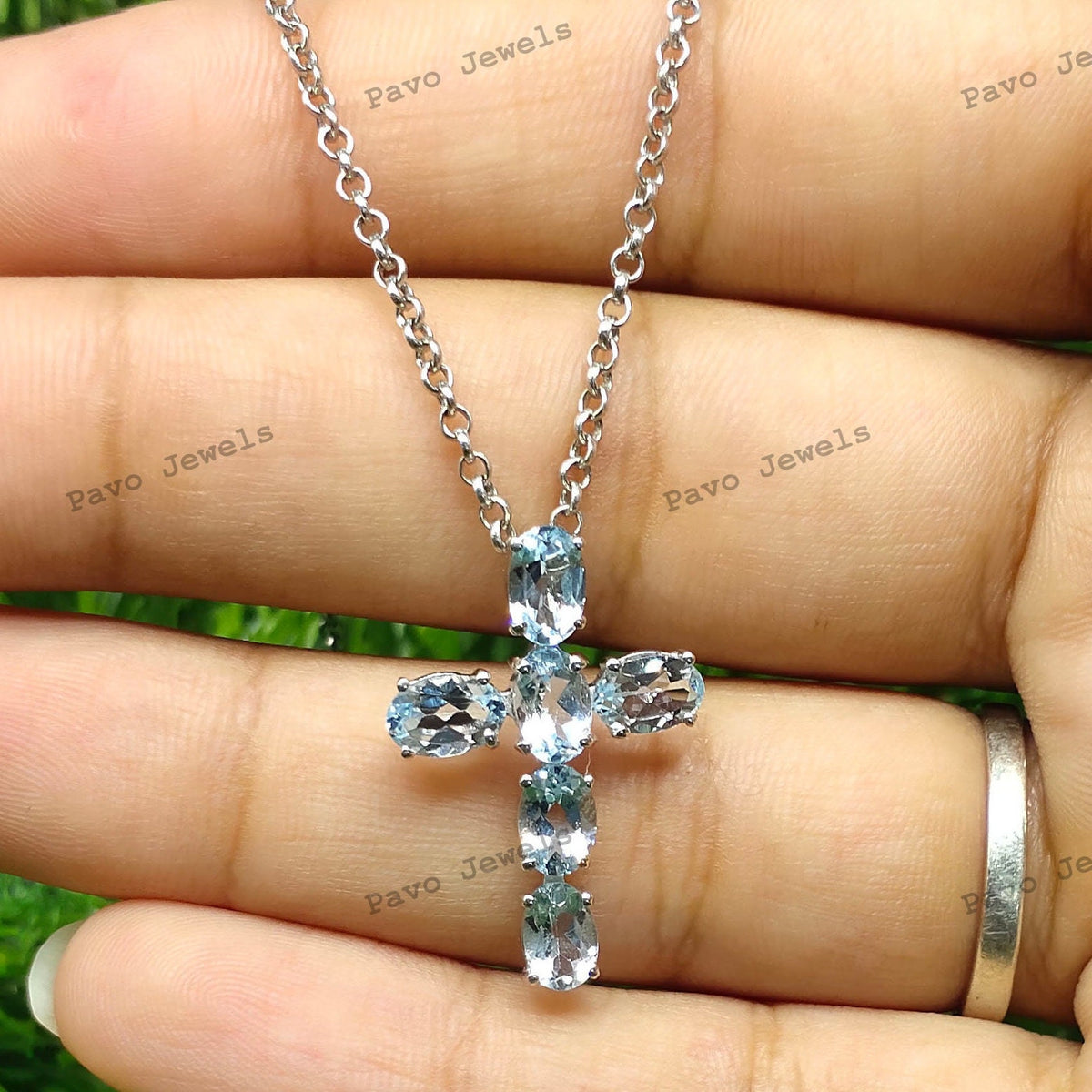 Blue Topaz Cross Pendant, Sterling Silver Gemstone, December Birthstone Jewelry Necklace