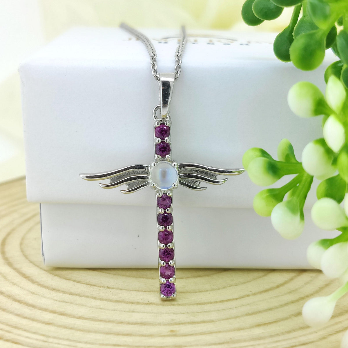 Rhodolite Garnet Cross Pendant: Sterling Silver Moonstone June Birthstone