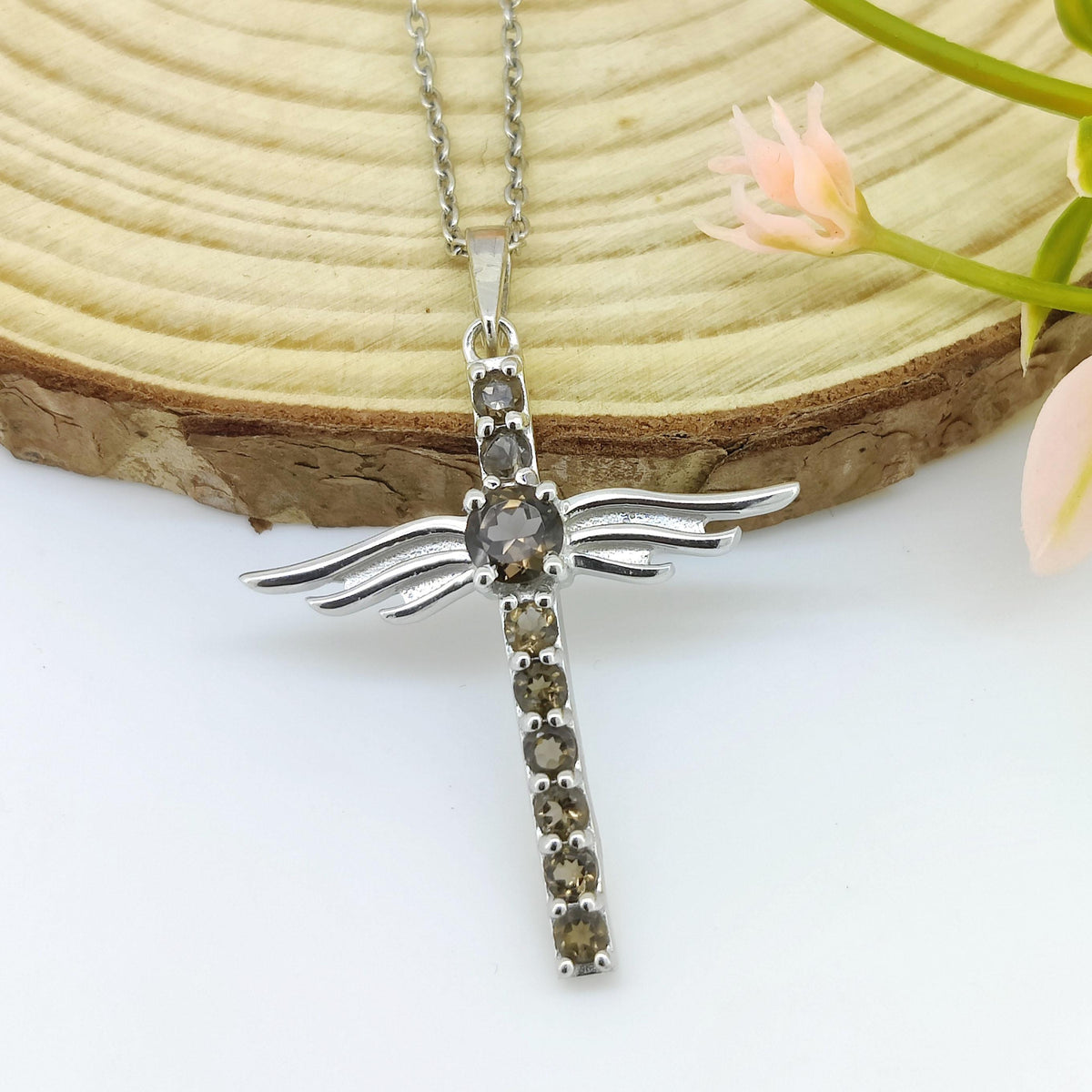 Smoky Quartz Cross Pendant: Sterling Silver Feather Jewelry, June Birthstone