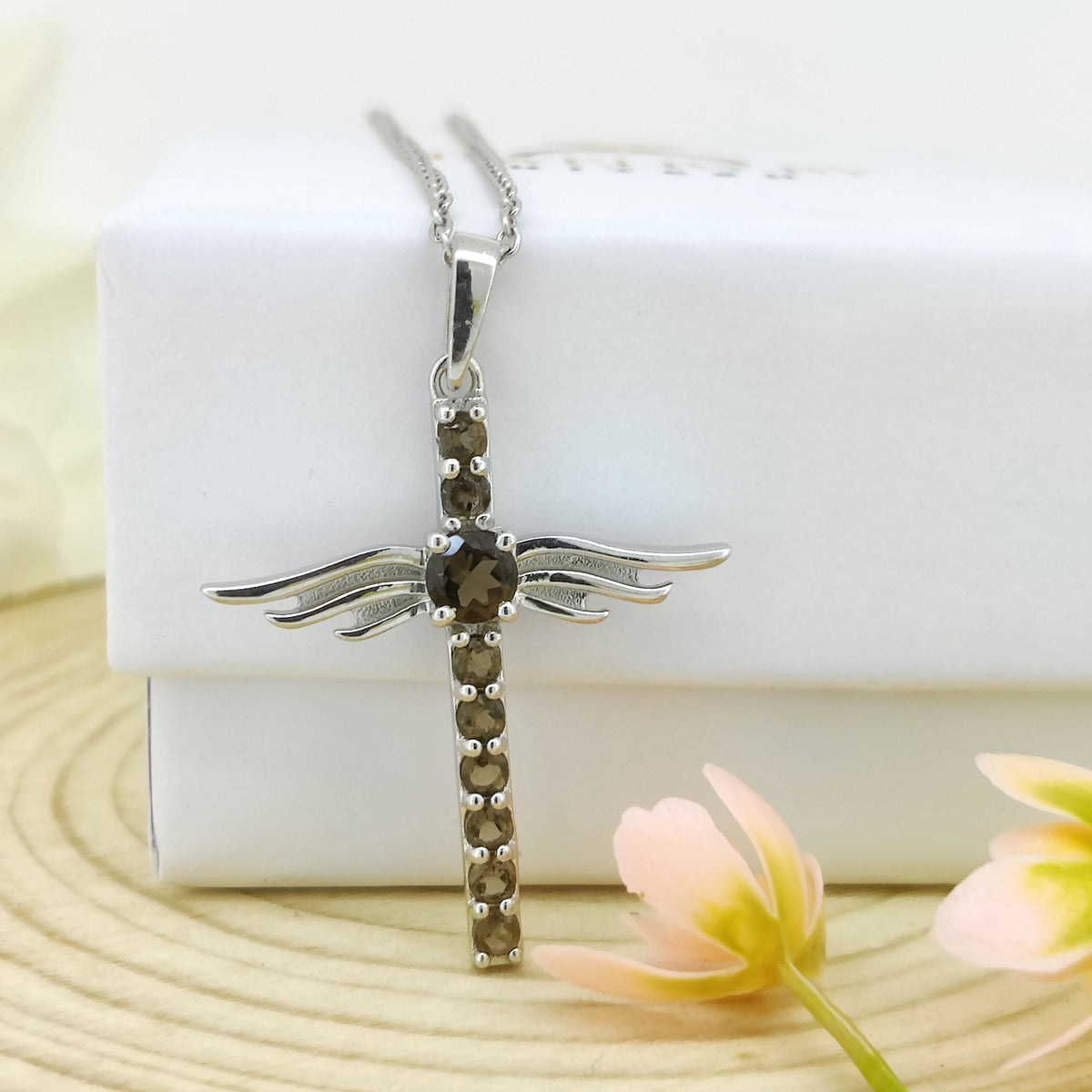 Smoky Quartz Cross Pendant: Sterling Silver Feather Jewelry, June Birthstone