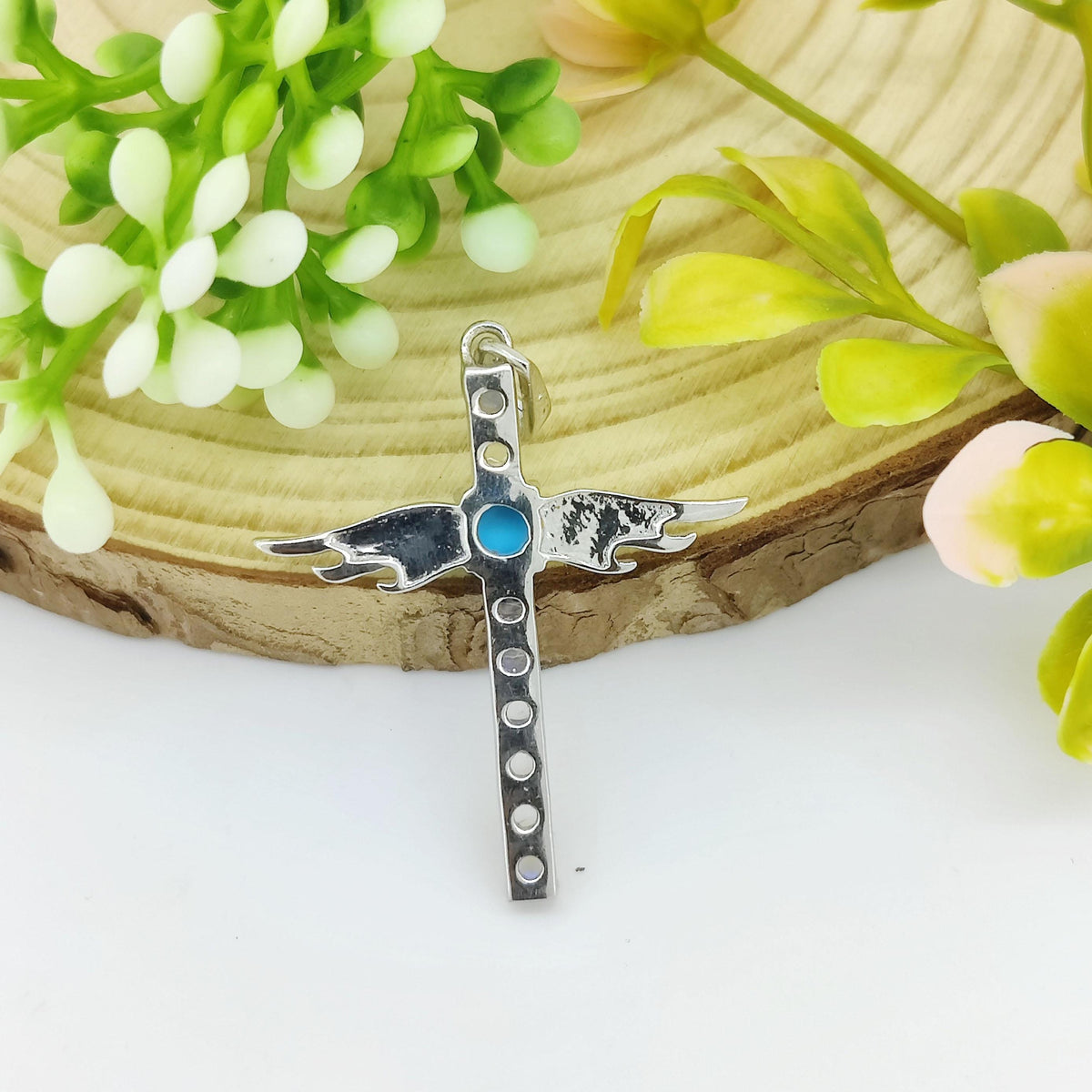 Rainbow Moonstone Cross Pendant: Sterling Silver Turquoise Gemstone