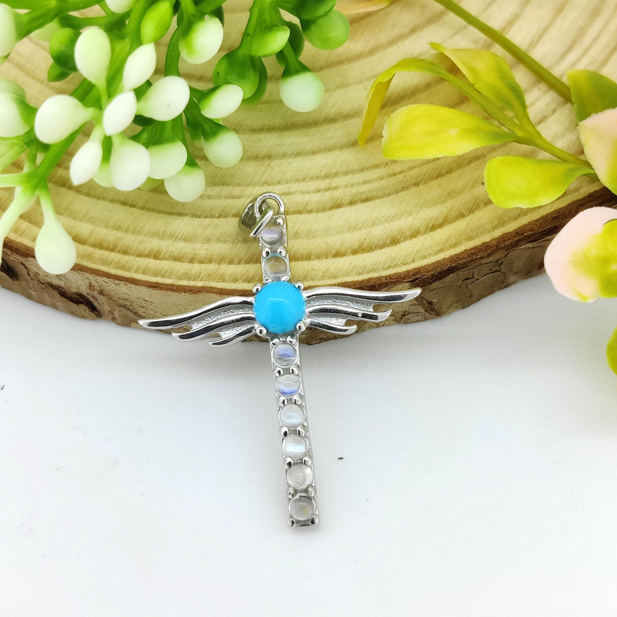 Rainbow Moonstone Cross Pendant: Sterling Silver Turquoise Gemstone