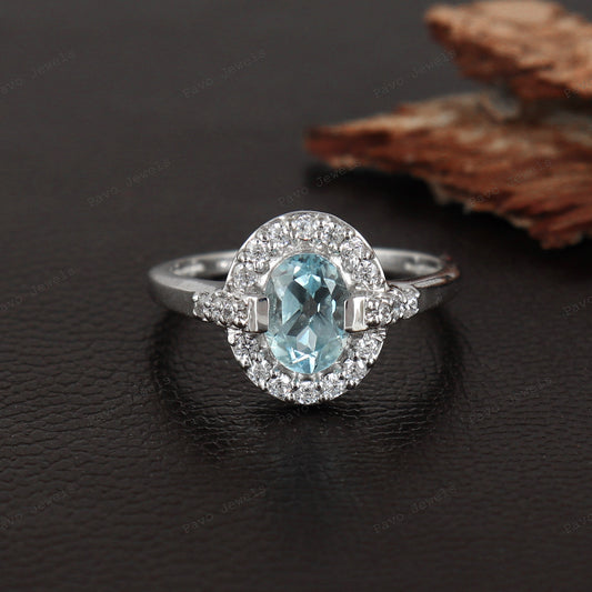 Artisan Silver Ring Blue Topaz & Diamond, Unique Handmade Gemstone Jewelry