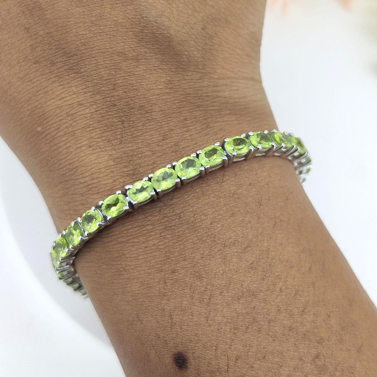 Natural Peridot Tennis Bracelet-Oval Gemstone-August Birthstone Jewelry-925 Sterling Silver Bracelet-Green Peridot Jewelry-Wedding Gift