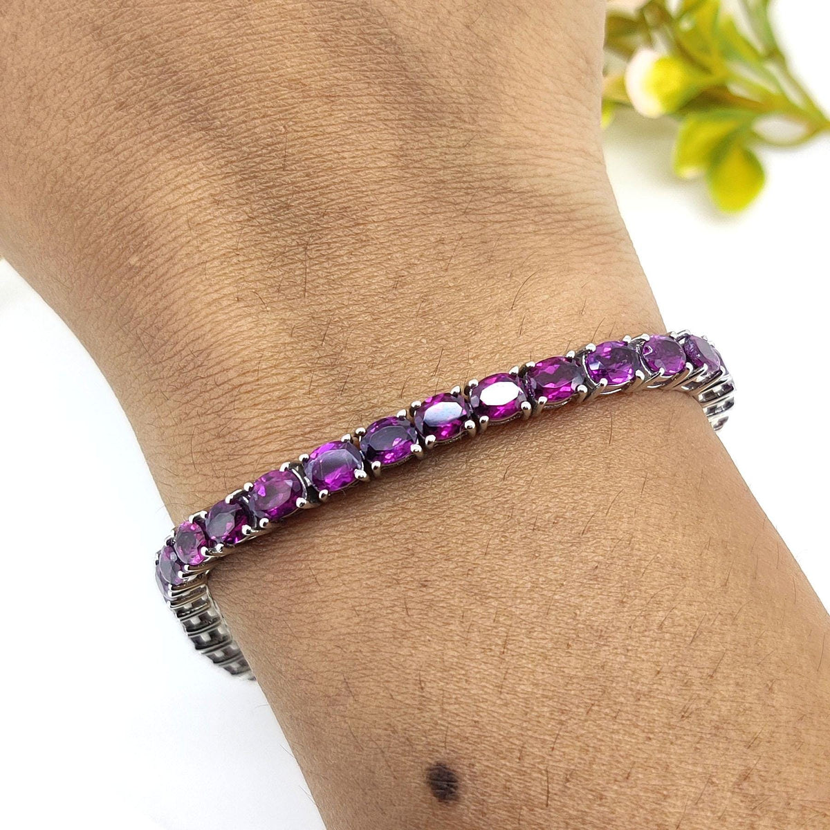 Natural Rhodolite Garnet Tennis Bracelet-Oval Cut Gemstone-June Birthstone Jewelry-925 Sterling Silver Bracelet-Rhodolite Garnet Jewelry