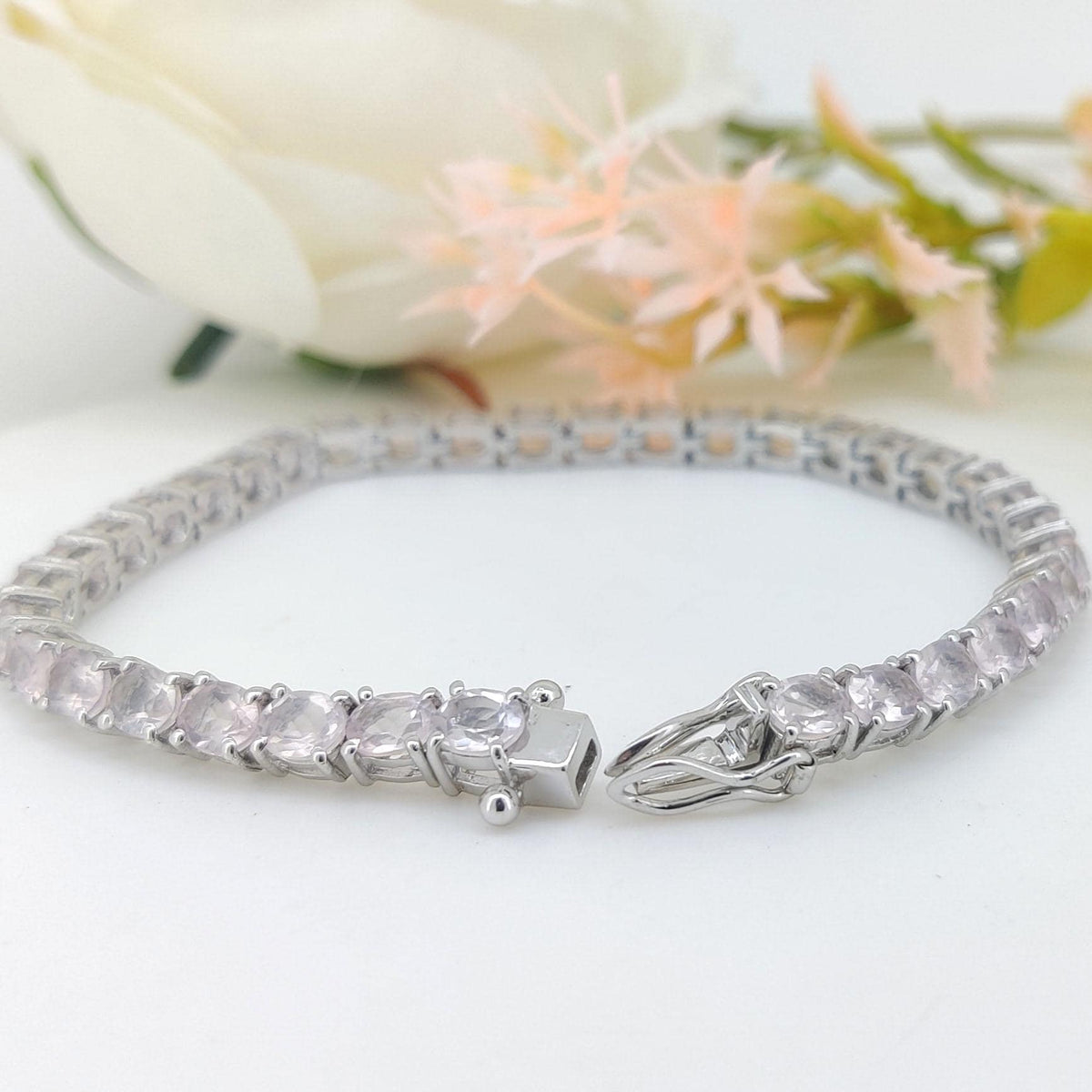 Rose Quartz Tennis Bracelet: 925 Sterling Silver Oval Gemstone