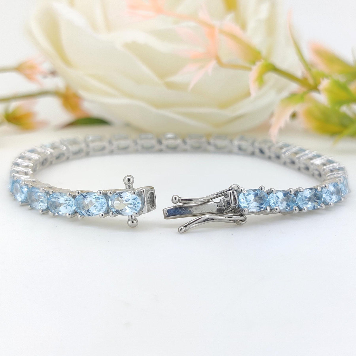 Natural Blue Topaz Tennis Bracelet-925 Sterling Silver-Oval Gemstone Bracelet-Blue Topaz Jewelry-December Birthstone Jewelry-Wedding Gift