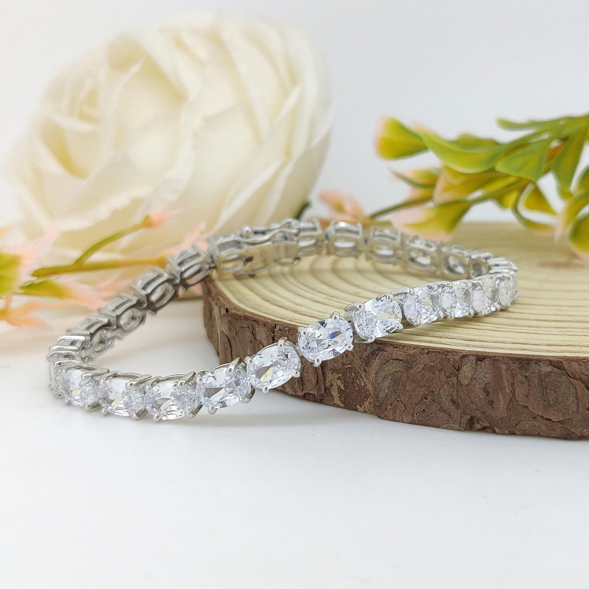 Oval Handmade Cubic Zircon Tennis Bracelet, 925 Sterling Silver Anniversary Gift