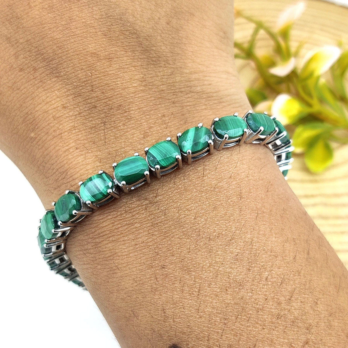 Malachite Tennis Bracelet: Oval Gemstone, Sterling Silver Jewelry