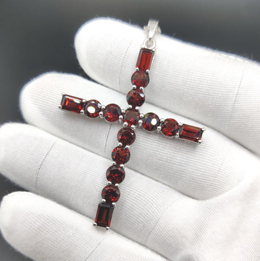 Natural Garnet Cross Pendant: Sterling Silver January Birthstone Jewelry