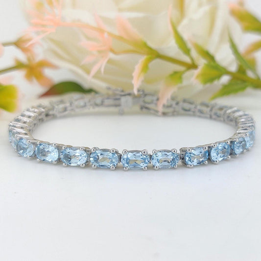 Natural Blue Topaz Tennis Bracelet-925 Sterling Silver-Oval Gemstone Bracelet-Blue Topaz Jewelry-December Birthstone Jewelry-Wedding Gift