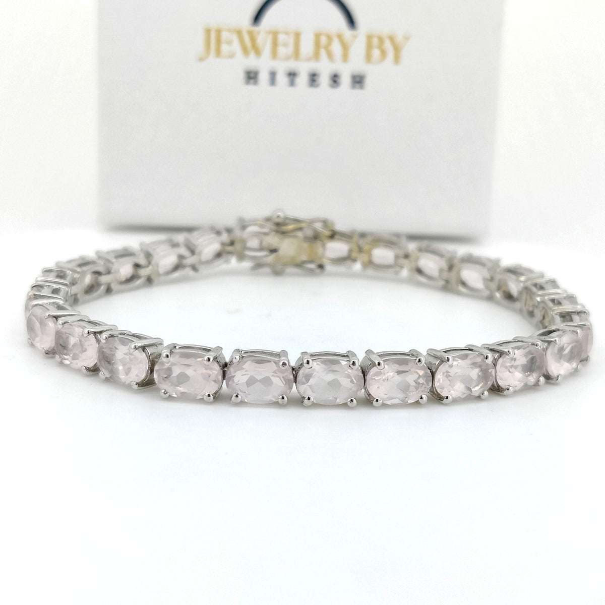 Rose Quartz Bracelet: Oval Gemstone, 925 Sterling Silver Tennis Bracelet