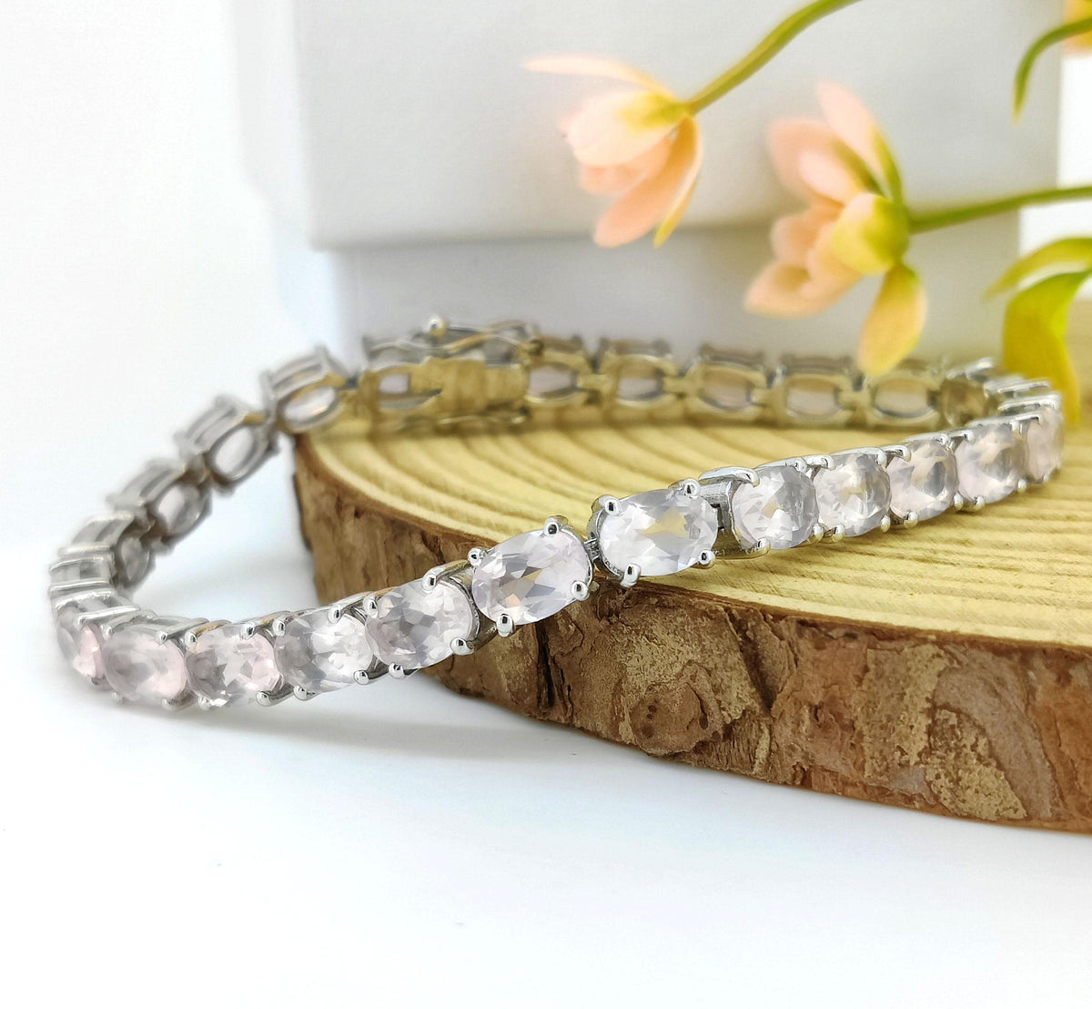 Rose Quartz Bracelet: Oval Gemstone, 925 Sterling Silver Tennis Bracelet