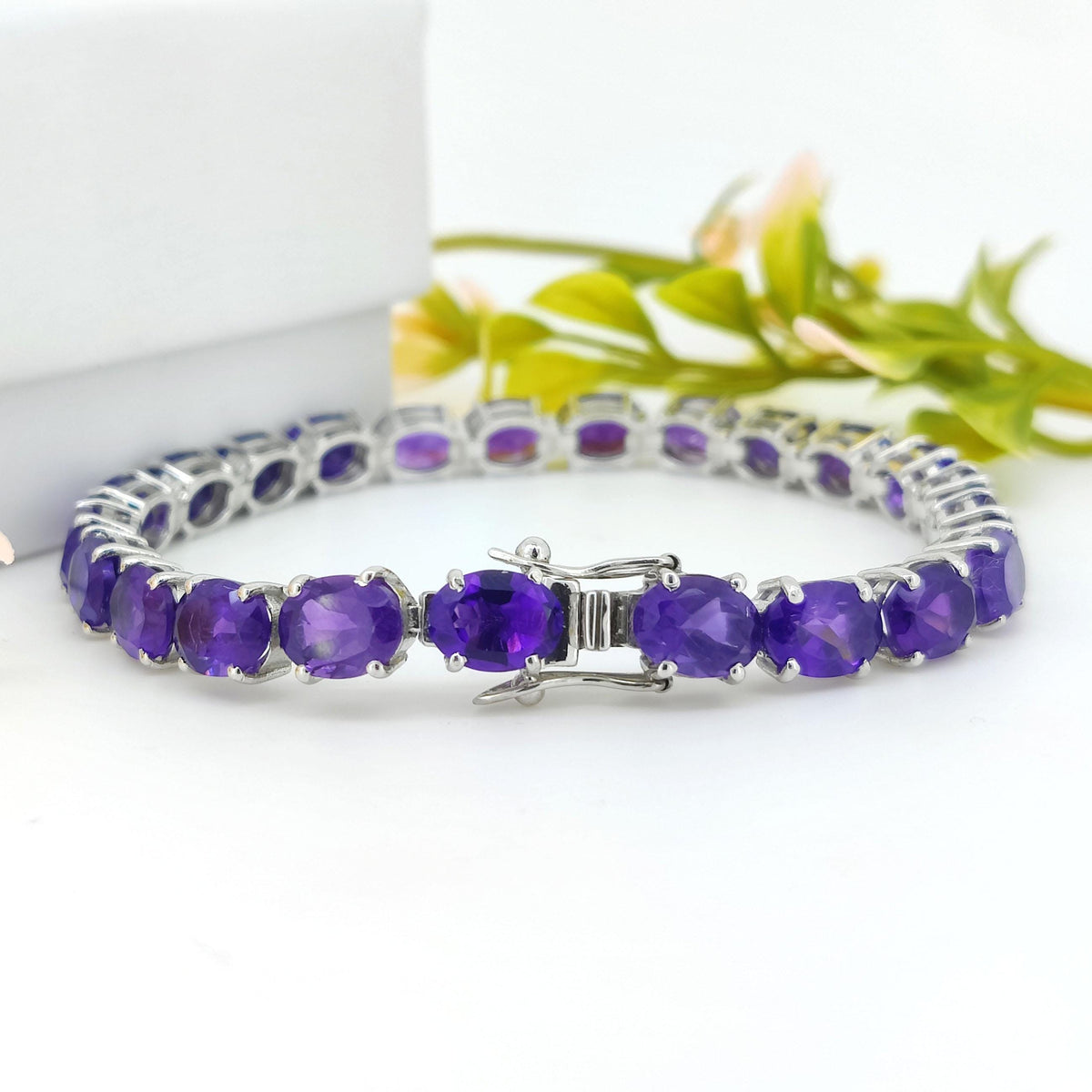 African Amethyst Tennis Bracelet-Oval Gemstone Bracelet-February Birthstone Jewelry-925 Sterling Silver Bracelet-African Amethyst Jewelry