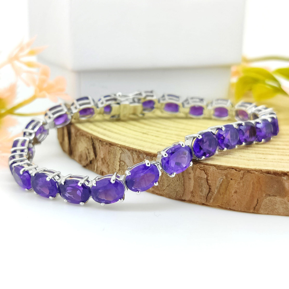 African Amethyst Tennis Bracelet-Oval Gemstone Bracelet-February Birthstone Jewelry-925 Sterling Silver Bracelet-African Amethyst Jewelry