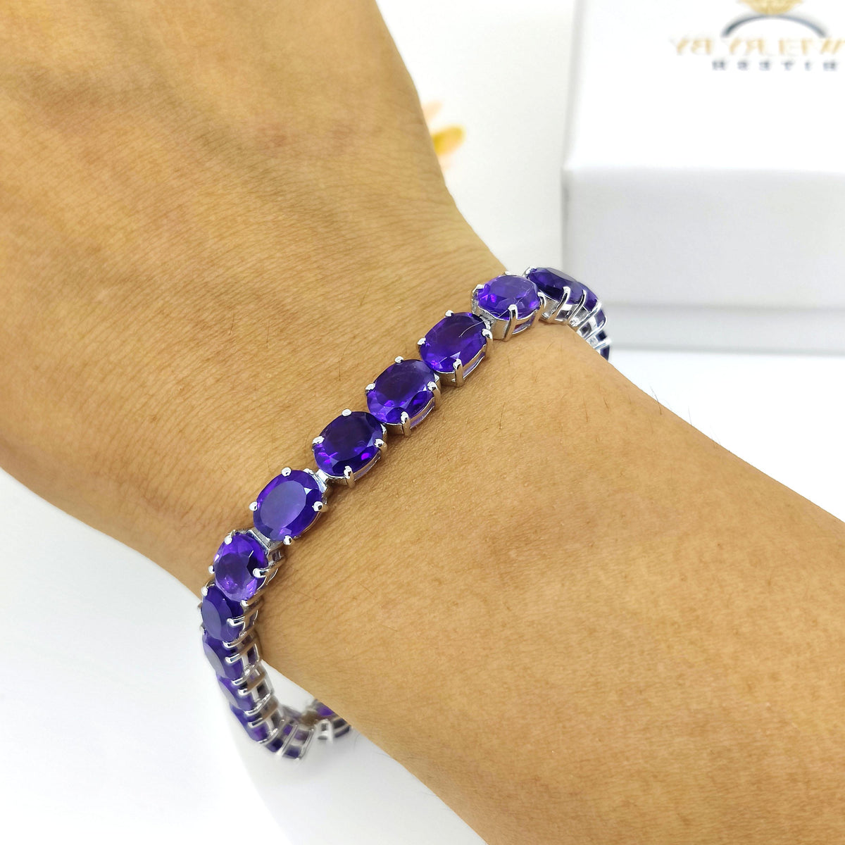 African Amethyst Tennis Bracelet-Oval Gemstone Bracelet-February Birthstone Jewelry-925 Sterling Silver Bracelet-African Amethyst Jewelry