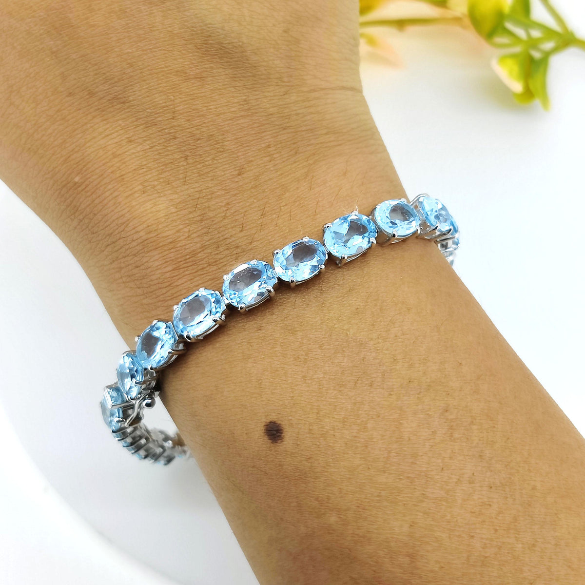 Natural Blue Topaz Bracelet-925 Sterling Silver-Oval Gemstone Tennis Bracelet-Blue Topaz Jewelry-December Birthstone Jewelry-Birthday Gift