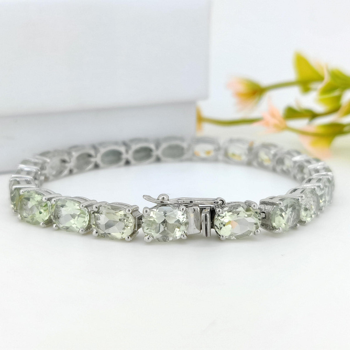 Green Amethyst Tennis Bracelet, Sterling Silver Oval Gemstone Jewelry