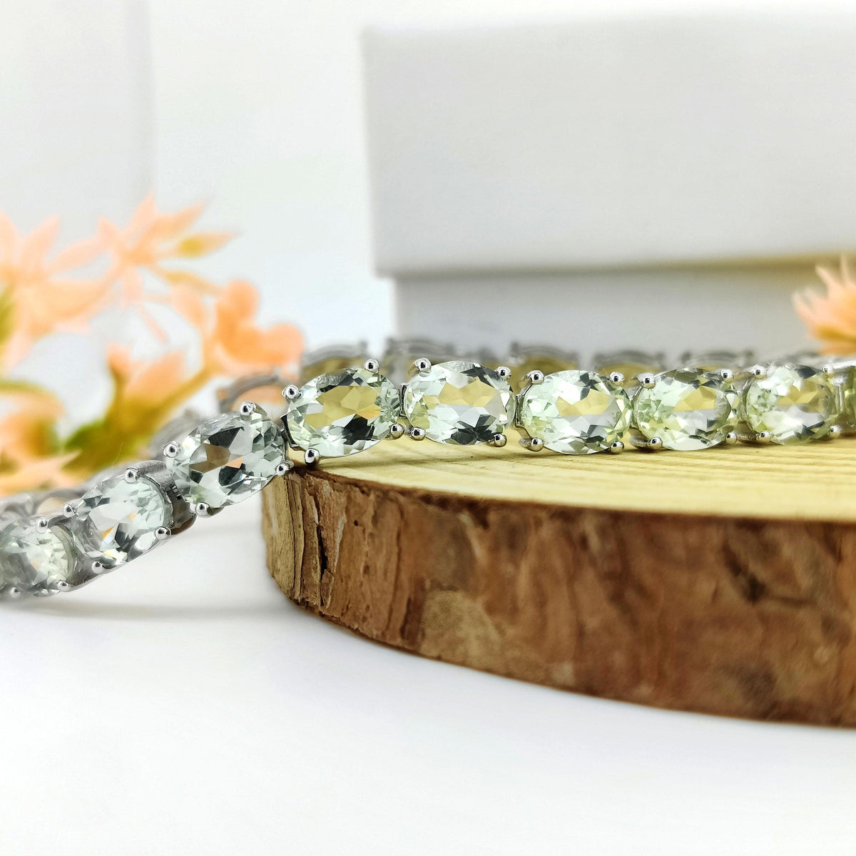 Green Amethyst Tennis Bracelet, Sterling Silver Oval Gemstone Jewelry
