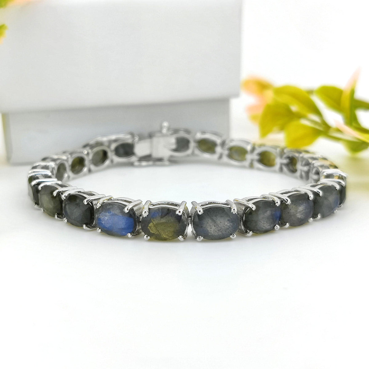 Blue Labradorite Tennis Bracelet: Oval Gemstone, Sterling Silver