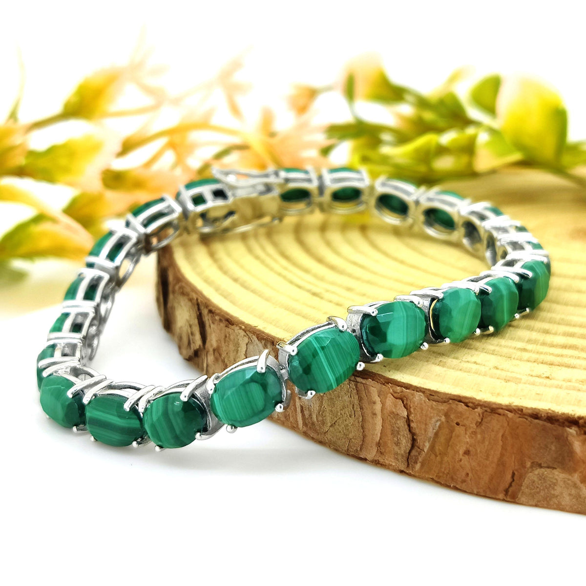 Natural Malachite Tennis Bracelet-925 Sterling Silver Jewelry-Anniversary Gift