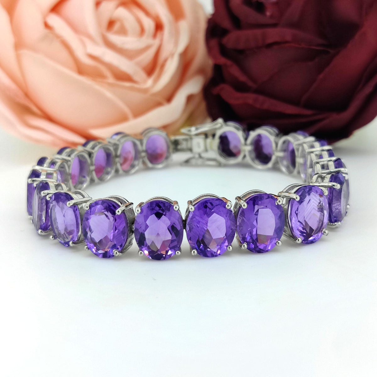 Amethyst Tennis Bracelet-925 Sterling Silver Jewelry-11x9mm Oval Bracelet-February Birthstone Jewelry-Purple Amethyst Jewelry-Gift for her