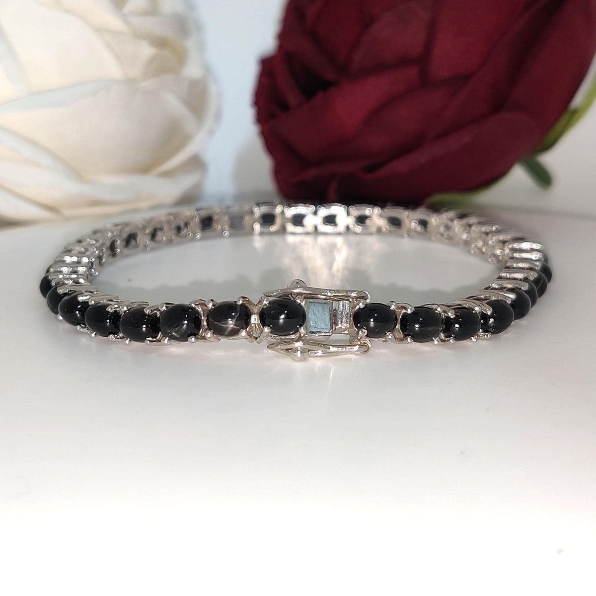 Black Star Tennis Bracelet: Oval Gemstone, 925 Sterling Silver