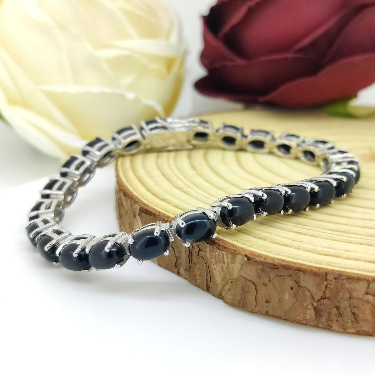 Black Onyx Tennis Bracelet: Oval Gemstone, Sterling Silver Jewelry