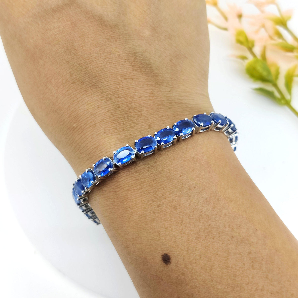Natural Kyanite Tennis Bracelet-7x5mm Oval Gemstone Bracelet-925 Sterling Silver Jewelry-September Birthstone Jewelry-Blue Kyanite Jewelry