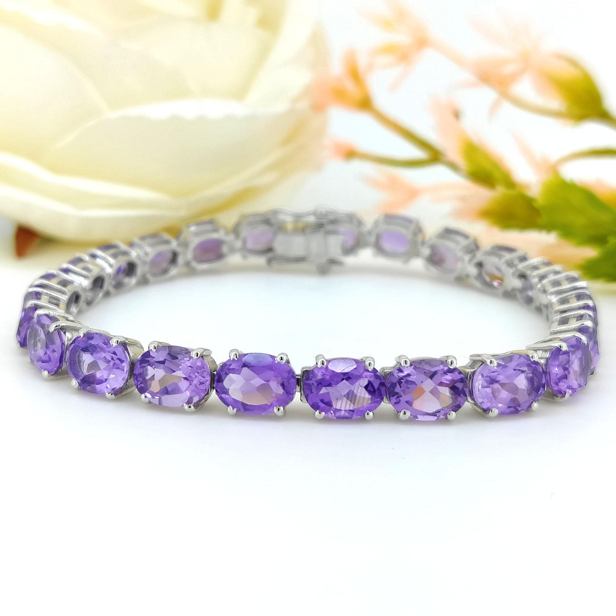 Natural Amethyst Tennis Bracelet-8x6mm Oval Bracelet-925 Sterling Silver-February Birthstone Jewelry-Purple Amethyst Jewelry-Gift for Her