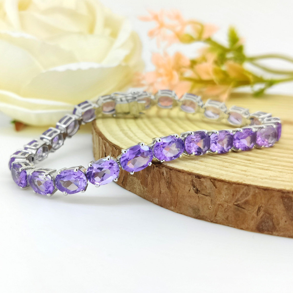Natural Amethyst Tennis Bracelet-8x6mm Oval Bracelet-925 Sterling Silver-February Birthstone Jewelry-Purple Amethyst Jewelry-Gift for Her
