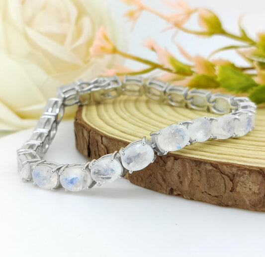 Rainbow Moonstone Tennis Bracelet-925 Sterling Silver Jewelry-8x6mm Moonstone Bracelet-Oval Cut Gemstone-June Birthstone Jewelry Gift