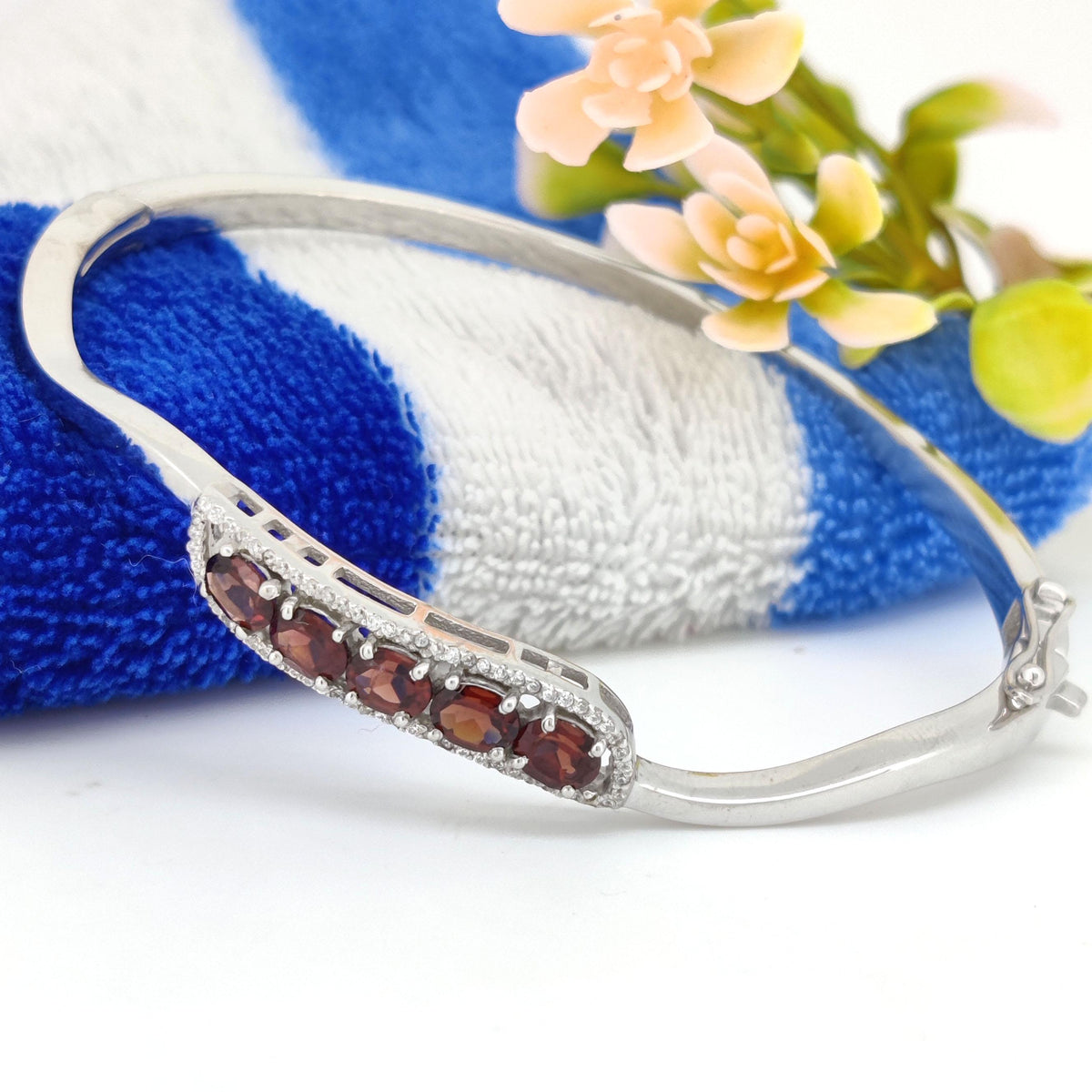 Natural Garnet Bangle-925 Sterling Silver Jewelry-Cubic Zircon-Oval Cut Gemstone Cluster Bangle-January Birthstone Jewelry-Anniversary Gift
