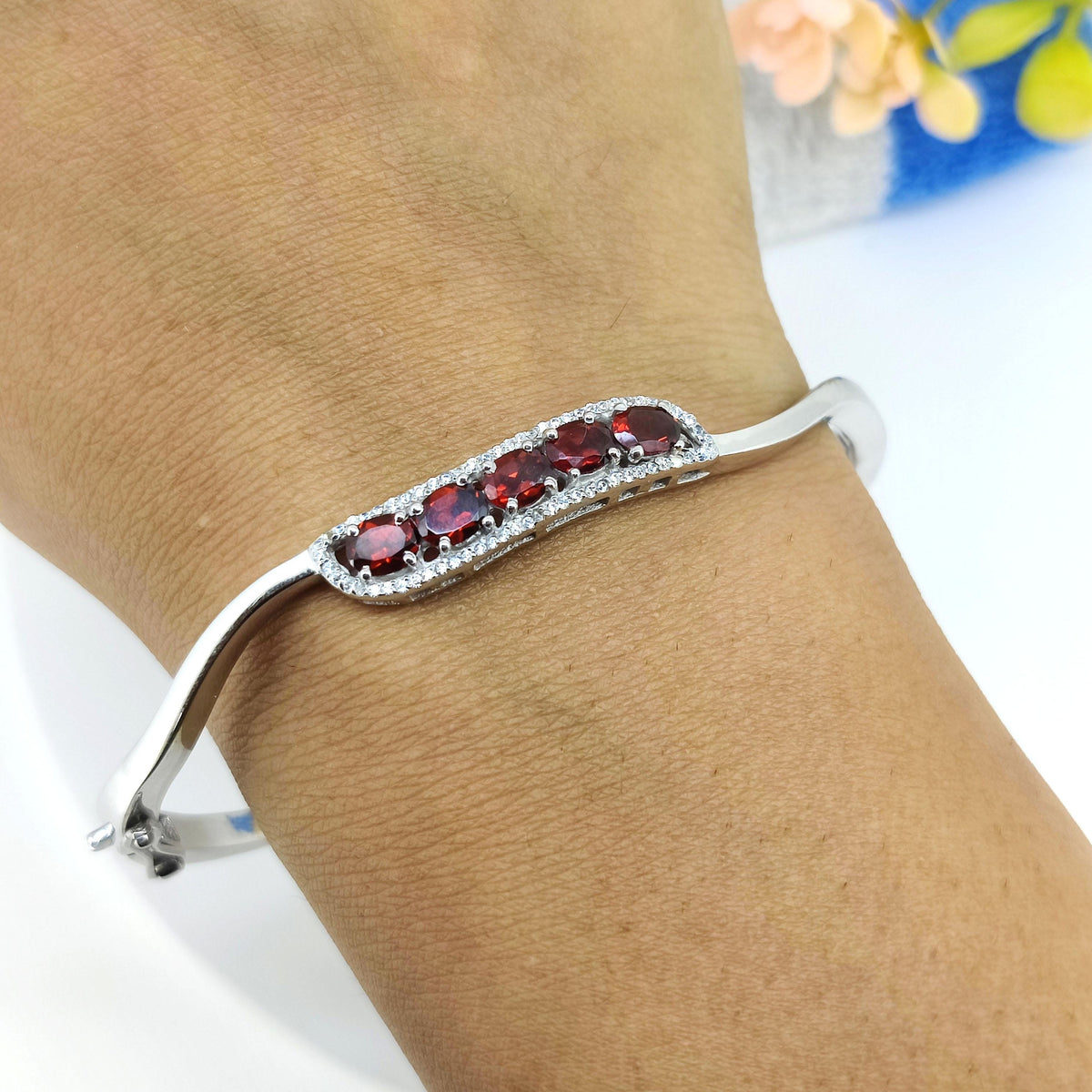 Natural Garnet Bangle-925 Sterling Silver Jewelry-Cubic Zircon-Oval Cut Gemstone Cluster Bangle-January Birthstone Jewelry-Anniversary Gift