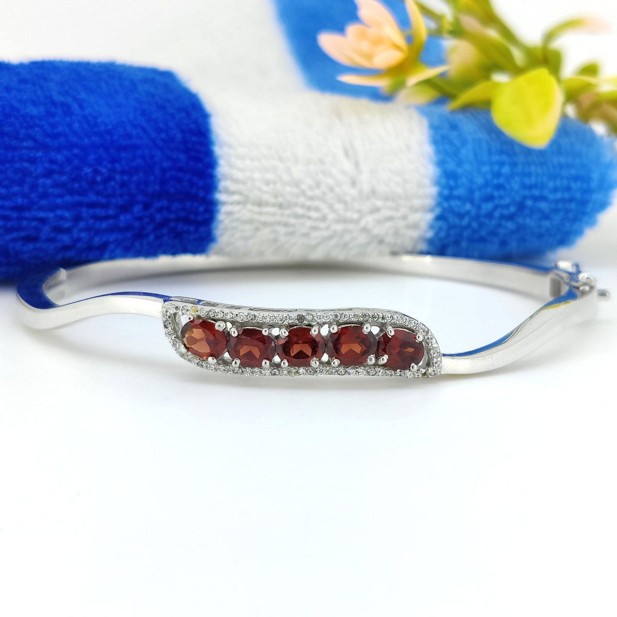 Natural Garnet Bangle-925 Sterling Silver Jewelry-Cubic Zircon-Oval Cut Gemstone Cluster Bangle-January Birthstone Jewelry-Anniversary Gift