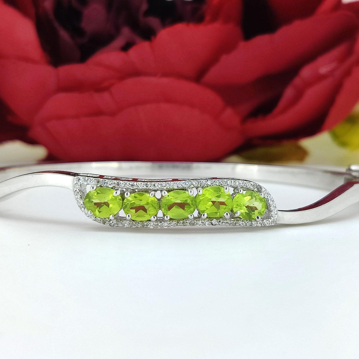 Dainty Peridot & CZ Bangle, 925 Sterling Silver, Unique Bridesmaid Jewelry