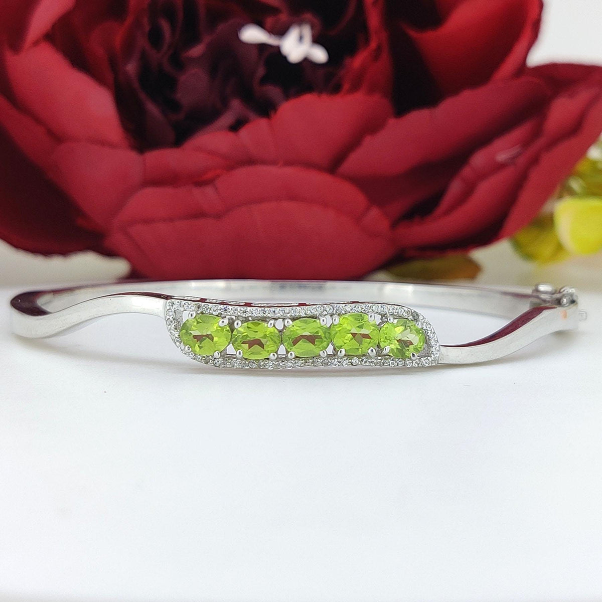 Dainty Peridot & CZ Bangle, 925 Sterling Silver, Unique Bridesmaid Jewelry