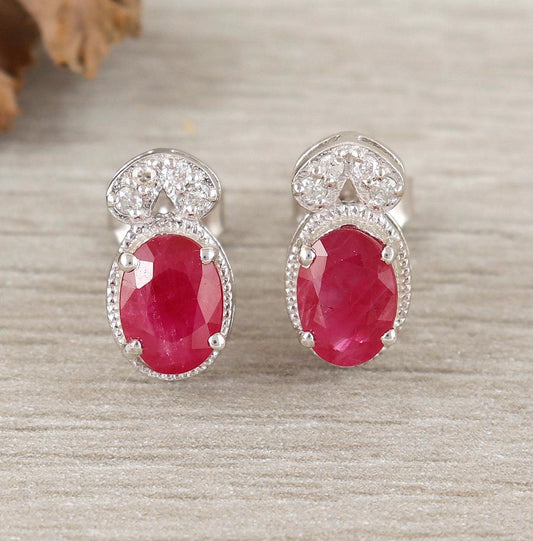 Ruby Sterling Silver Stud Earrings: Oval July Birthstone