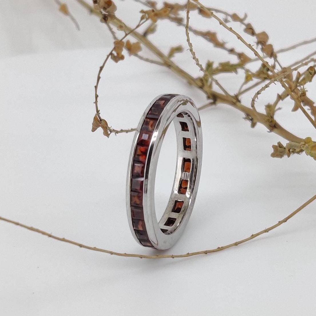 Square Garnet Eternity Band Ring: 925 Sterling Silver Anniversary Jewelry