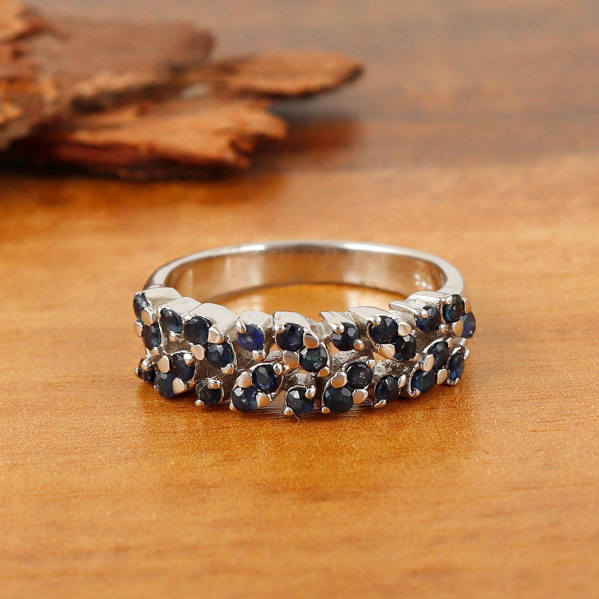 Sapphire Half Eternity Ring, Sterling Silver Wedding Band Jewelry