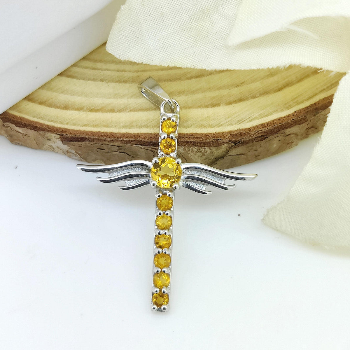 Citrine Cross Pendant: Round Gemstone, Sterling Silver November Birthstone
