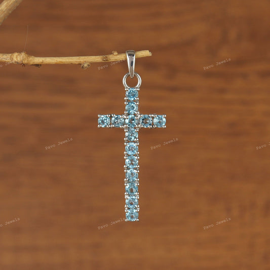 Swiss Blue Topaz Cross Pendant: Sterling Silver Multi-Gemstone