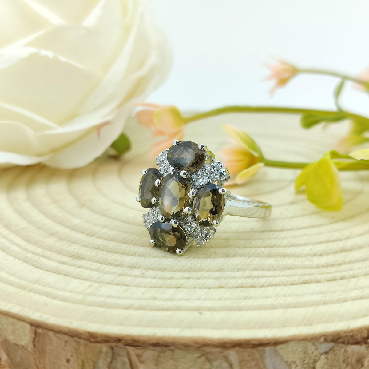 Smoky Quartz Flower Ring: Sterling Silver Gemstone, June Birthstone
